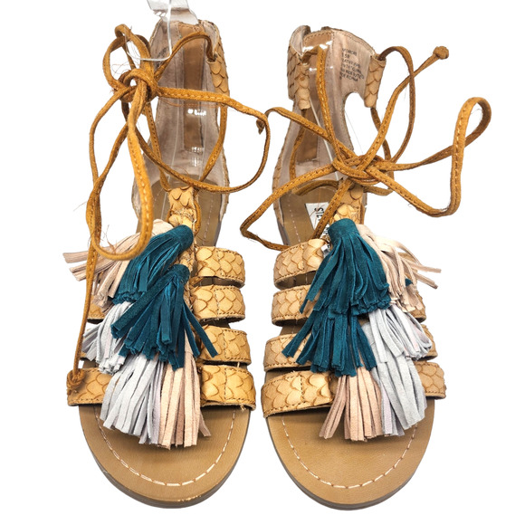 Steve Madden Sandals 5.5 Tan Blue Strappy Gladiator Tassel Boho Bohemian Ankle - Picture 4 of 10